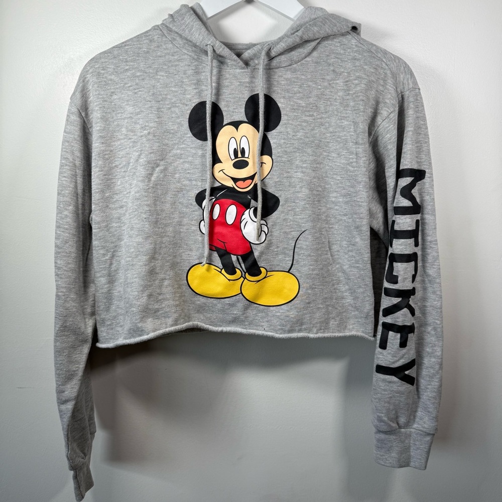 Disney Mickey Mouse Gray Cropped Hoodie – Size M, Drawstring Hood/Graphic Sleeve